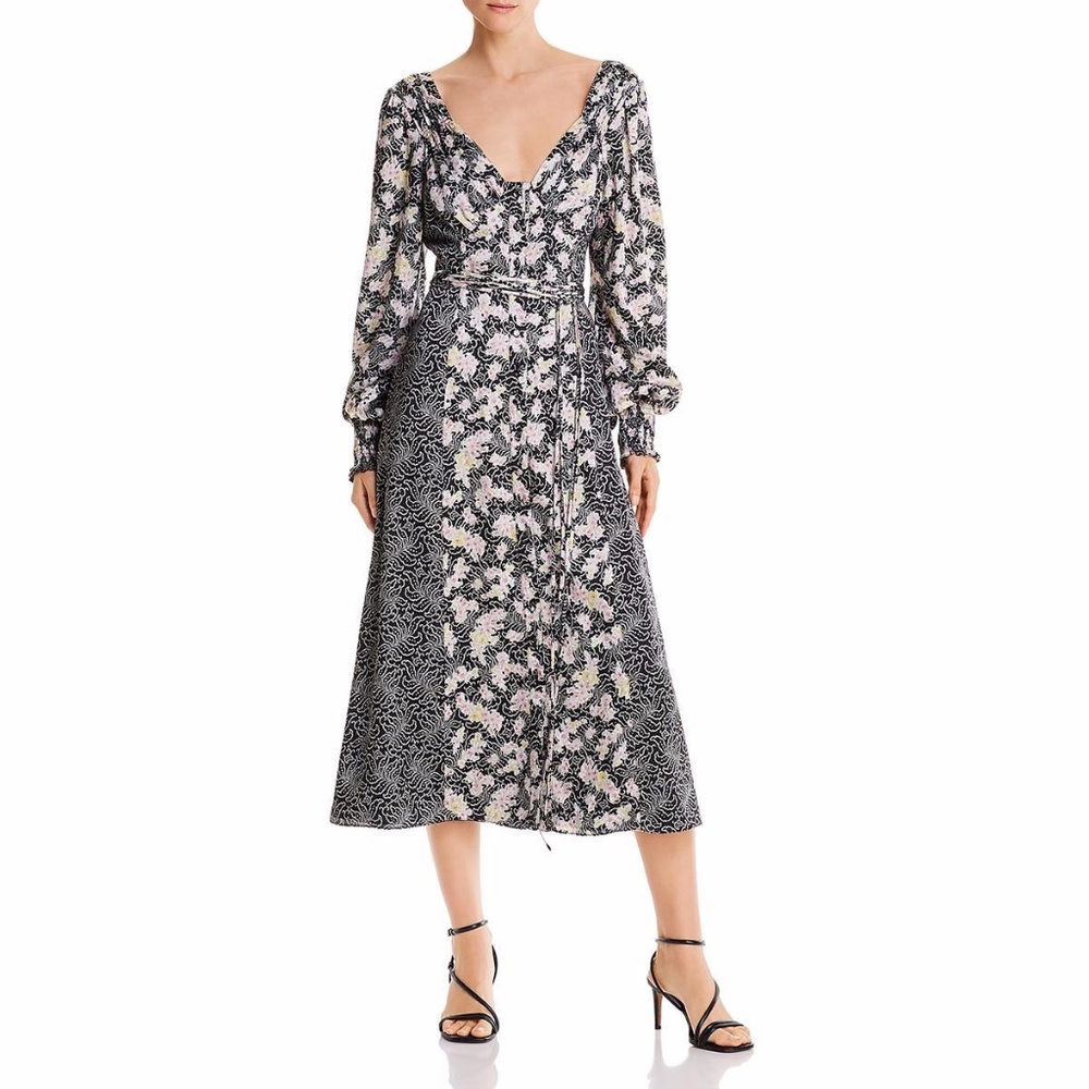 CINQ A SEPT WOMENS MIXED PRINT DOUBLE V MIDI DRESS 1100